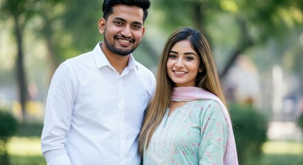 Fototapeta premium Smiling south asian couple in traditional attire enjoying a sunny day in the park