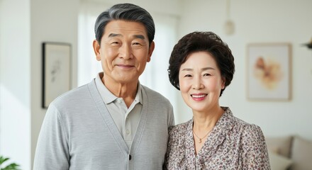 Warm senior asian couple in cozy home setting, embracing togetherness and contentment