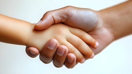 A close-up image of a hand shaking a child's hand, symbolizing trust, support, and connection between generations.