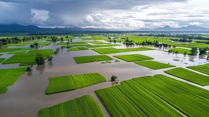 Fototapeta premium Agriculture field flood, severe crop loss, muted color palette, climate change theme