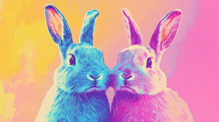 Obraz premium Vector illustration of two rabbits. Simulated risograph and glitch effects. Perfect for fabric, textiles, clothing, wrapping paper, wallpaper and posters.