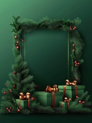 Special offer, Christmas sale, up to 30% off, green discount web banner with abstract shape on background, garland frame, frame made of Christmas tree branches and Christmas tree in a pot with gifts