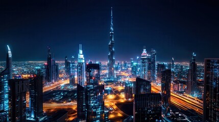 Obraz premium A futuristic cityscape illuminated at night, featuring a glowing central hub, vibrant skyscrapers