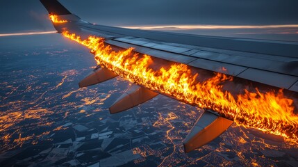 Aircraft wing engulfed in fire, dynamic flames, contrasting sky with storm clouds