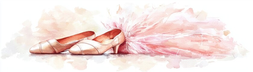 Fototapeta premium Elegant ballet shoes delicately placed beside flowing fabric, embodying grace and artistry in a soft, artistic composition.