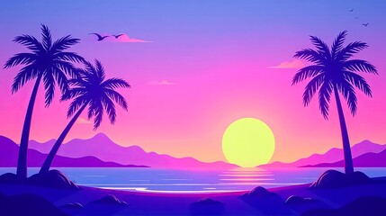 Vibrant Sunset Paradise Silhouetted Palm Trees Frame a Tropical Beach Scene at Dusk