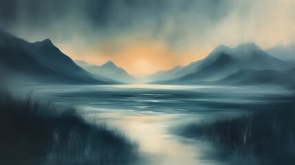 Obraz premium Serene landscape with misty mountains and tranquil