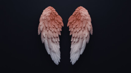 Fototapeta premium glowing ethereal pair of angel wings with gradient from pink to white, beautifully detailed and suspended against dark background, evoking sense of wonder and serenity