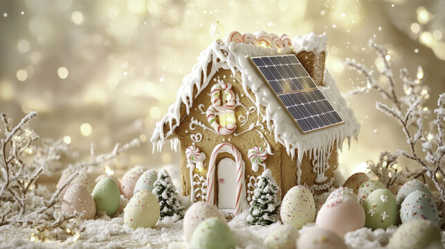 gingerbread house with snowy roof, decorated with candy canes and surrounded by pastel colored eggs, creates whimsical and festive atmosphere