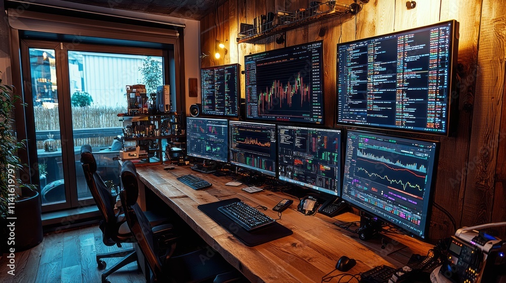 Fototapete a computer workstation with a large monitor and several smaller monitors