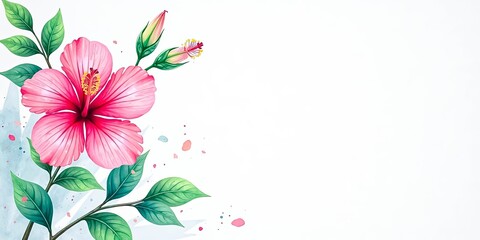 Fototapeta premium Pink Hibiscus Blossom with Green Leaves and Watercolor Splashes on White Background