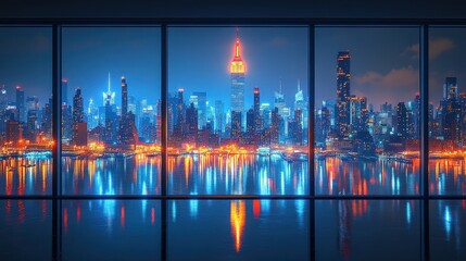 Fototapeta premium Night city skyline reflected in water, viewed through window.