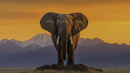 Fototapeta premium majestic elephant standing on rocky outcrop against stunning sunset backdrop, showcasing its grandeur and strength in wild