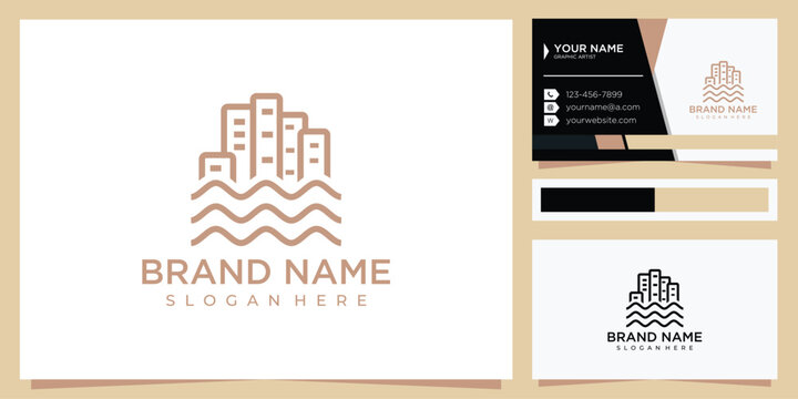 elegant building river logo vector with business card design