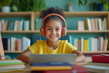 Child learning online. Young girl wearing headphones sits at desk with laptop surrounded by books, watching online video and smiling