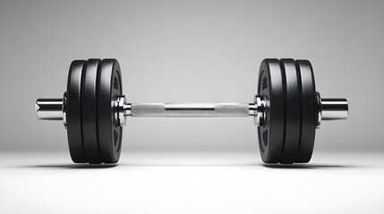 A sleek, modern dumbbell with black weights sits on a minimalist surface, emphasizing strength and fitness.
