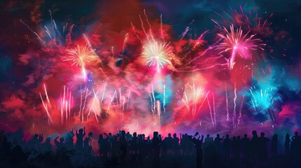 A vibrant fireworks display illuminates the night sky, celebrated by a crowd below.