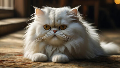 white persian cat lay dowm on the floor