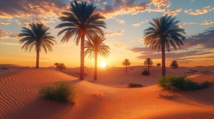 Vibrant sunset over sand dunes with palm trees.
