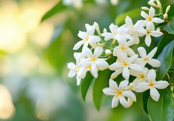 Obraz premium Beautiful Cluster of White Flowers with Yellow Details Against a Soft Green Background, Perfect for Nature and Floral-Themed Projects