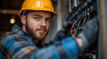 Electrician working on electrical panel, focused expression, safety helmet.