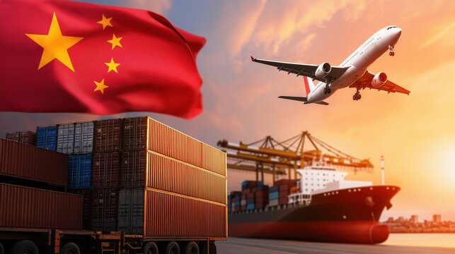 A vibrant image showcasing China"s flag, an airplane taking off, and cargo containers at a shipping port, symbolizing global trade and transportation.