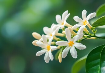 Fototapeta premium Beautiful white flower cluster showcasing delicate petals and vibrant yellow centers against a soft green background, perfect for nature-themed projects and designs.