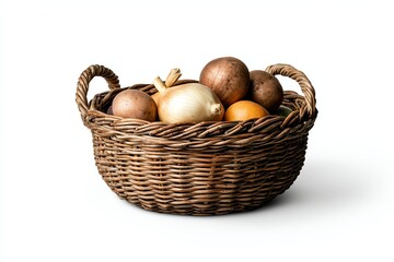 A woven basket filled with various mushrooms and an orange, showcasing a rustic and natural aesthetic.