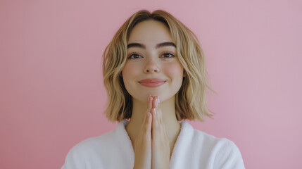 Fototapeta premium young woman with joyful expression poses with her hands together against pink background, showcasing her beauty and confidence
