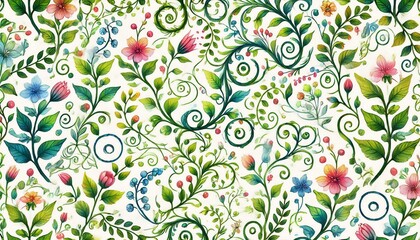 Fototapeta premium A whimsical pattern of swirling watercolor vines with tiny leaves in vibrant shades of green, interspersed with colorful buds and delicate flowers for a playful, garden-like appearance.