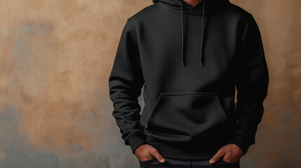Black Male Hoodie Sweatshirt Mockup with Long Sleeves for Winter Wear Design