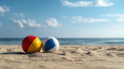Colorful beach balls and buckets on the sand with a serene sea and sky in the background