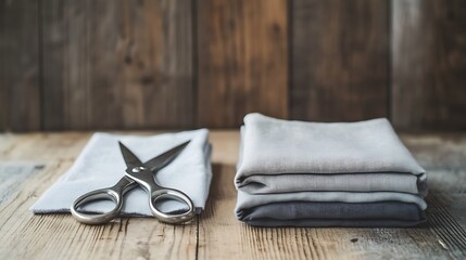 A pair of scissors and a stack of fabric resting on a sleek wooden workspace