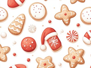 Seamless snowy holiday pattern featuring glowing festive molecules, Santa hats, sweet candy ornaments, and gingerbread cookies