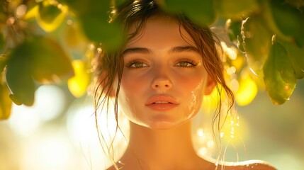Fototapeta premium A minimalist image of a young woman with slightly damp skin, relaxing under a natural leaf canopy