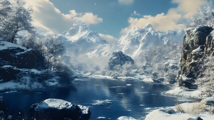 A snowy mountain range with a river running through it