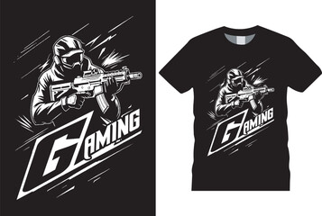 Gaming, gamer Gaming T-Shirt design template. Vector game trendy tshirt with Headphones, vintage, elements, gamepad, typography. Ready for print in T shirt.