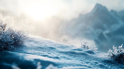 A snowy mountain range with a bright sun shining on it