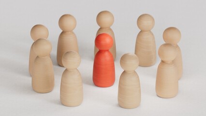 Wooden person model among people, Leadership concept.3D rendering on white background.