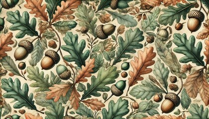 Fototapeta premium An intricate watercolor pattern of oak leaves and acorns in earthy tones, blending shades of green, brown, and gold, with detailed textures and a rustic, autumnal vibe.