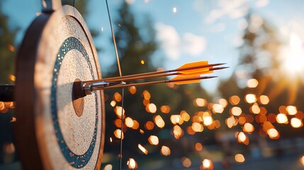 Sport victory championship concept. A close-up of arrows striking a target, with a beautiful bokeh effect in the background, capturing a moment of archery in nature.