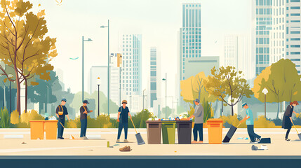 Volunteers cleaning a city street, placing trash into bins and sweeping the pavement, surrounded by urban buildings and a clear sky