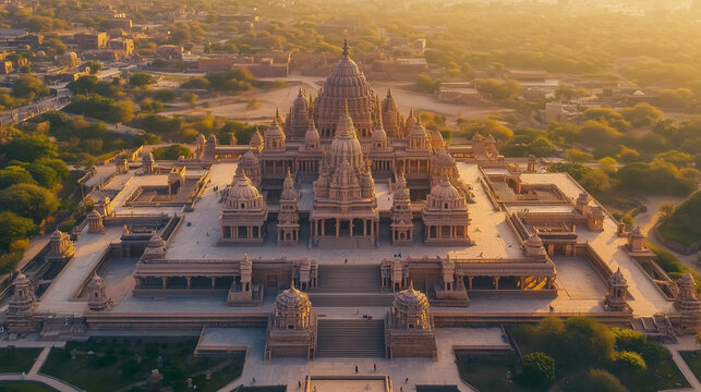 Ram Mandir in Ayodhya During Golden Hour. Majestic Indian Temple.