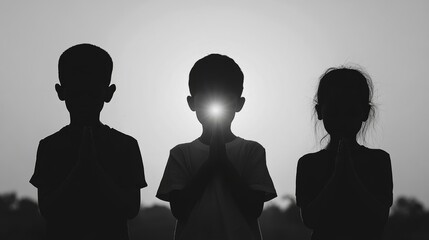 Silhouette back refugee kid group.Responsible.Kid child boy and girl worship.World kids day, Pray and worship, Hope, freedom, Diverse, Faith.World refugee day.Juneteenth kid.Friends.Potential unlock.