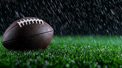 Obraz premium Sport victory championship concept. A football rests on a wet field, with rain falling in the background, creating a dramatic and atmospheric sports scene.