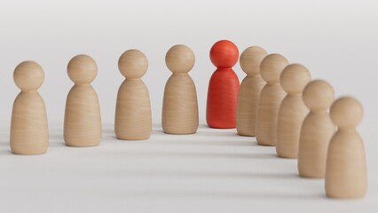 A 3d concept graphic depicting a red person standing out from the crowd concept. Rendered against a white background with a soft shadow and reflection to enhance the 3D.