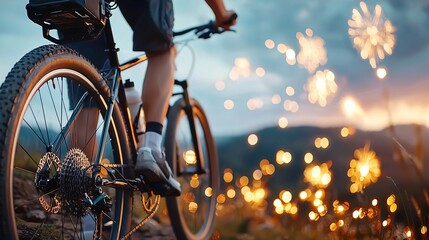 Naklejka premium Sport victory championship concept. A cyclist rides a mountain bike along a trail, with vibrant fireworks illuminating the sky in the background during twilight.