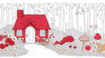 A quaint red cottage nestled amidst vibrant flowers and serene trees, perfect for a peaceful retreat.