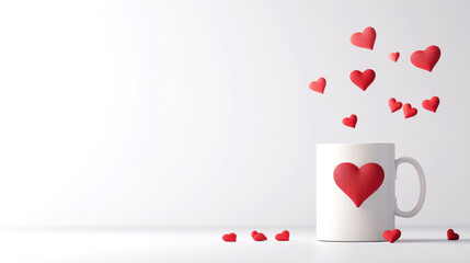 A white mug with a red heart design and floating red hearts around it, conveying love and affection in a minimalist style.