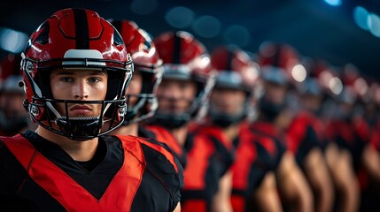 Sport victory championship concept. A focused football player in a striking uniform leads a team, showcasing determination under stadium lights.